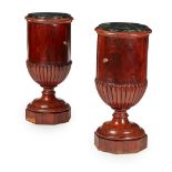 PAIR OF REGENCY MAHOGANY URN SHAPED MARBLE TOPPED POT CUPBOARDS, IN THE MANNER OF GILLOWS EARLY