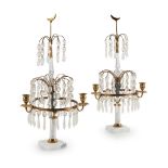 PAIR OF BALTIC STYLE BRASS, MARBLE AND CRYSTAL CANDELABRA 20TH CENTURY