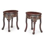PAIR OF CHINESE HARDWOOD AND MOTHER-OF-PEARL HARDWOOD STOOLS LATE 19TH CENTURY