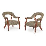 PAIR OF EARLY VICTORIAN WALNUT FRAMED ARMCHAIRS MID 19TH CENTURY