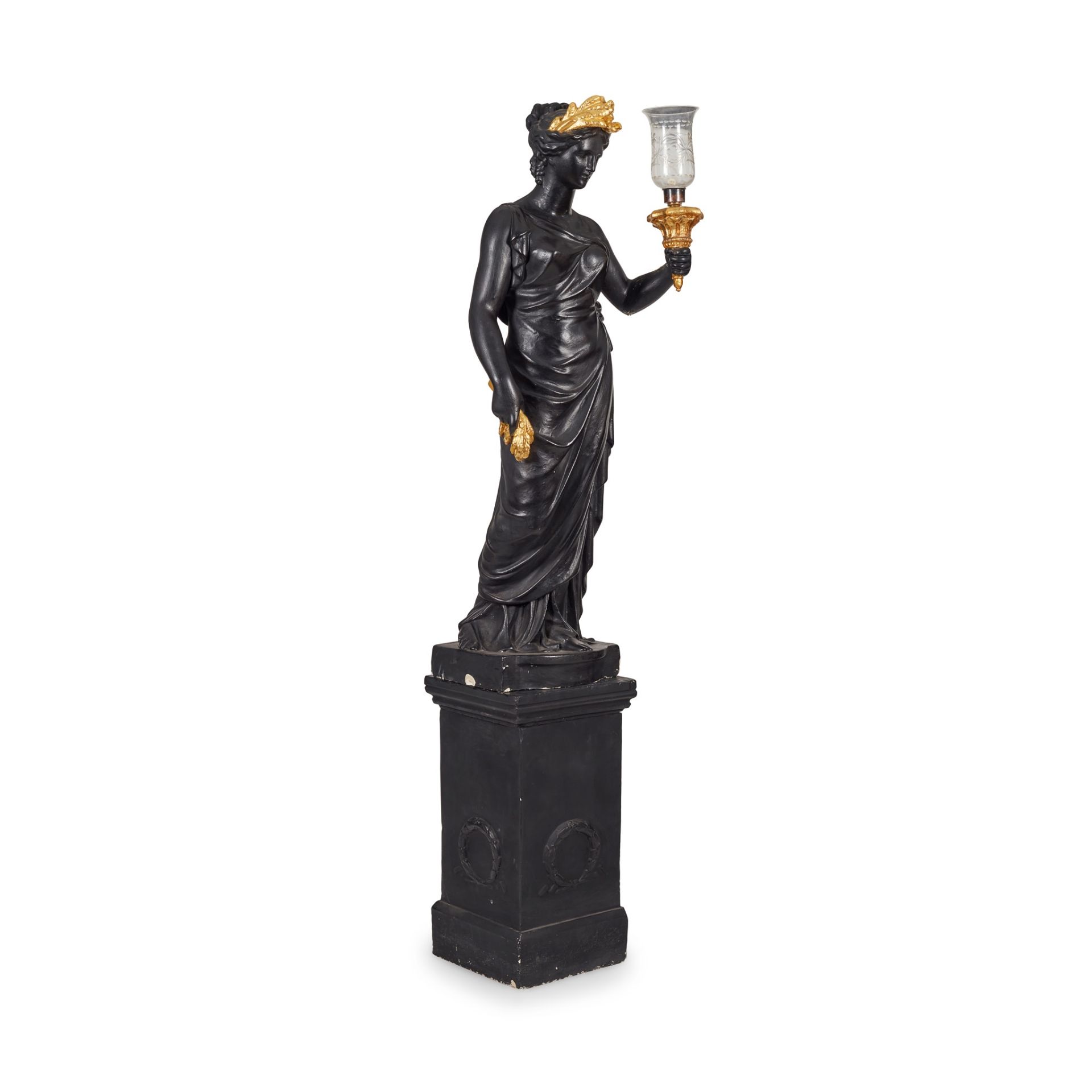 EBONISED PLASTER FIGURAL TORCHERE OF CERES, IN THE MANNER OF HUMPHREY HOPPER EARLY 19TH CENTURY