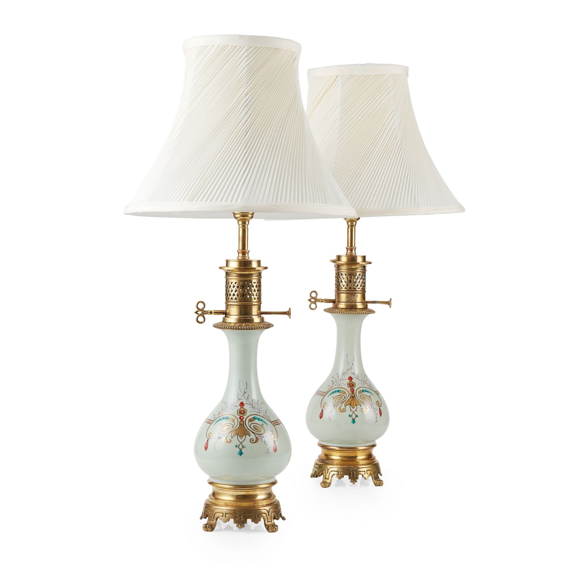 PAIR OF CELADON GLAZED AND GILT METAL LAMPS 19TH CENTURY