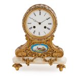 FRENCH GILT METAL, MARBLE, AND PORCELAIN MOUNTED MANTEL CLOCK LATE 19TH CENTURY