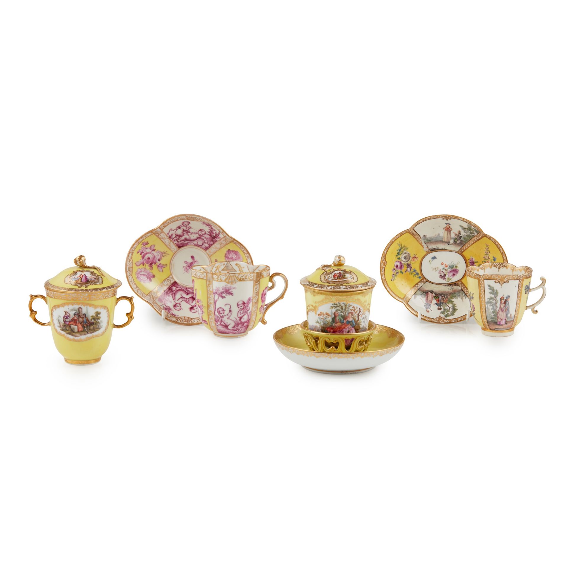 GROUP OF MEISSEN YELLOW GROUND CUPS AND SAUCERS 19TH CENTURY