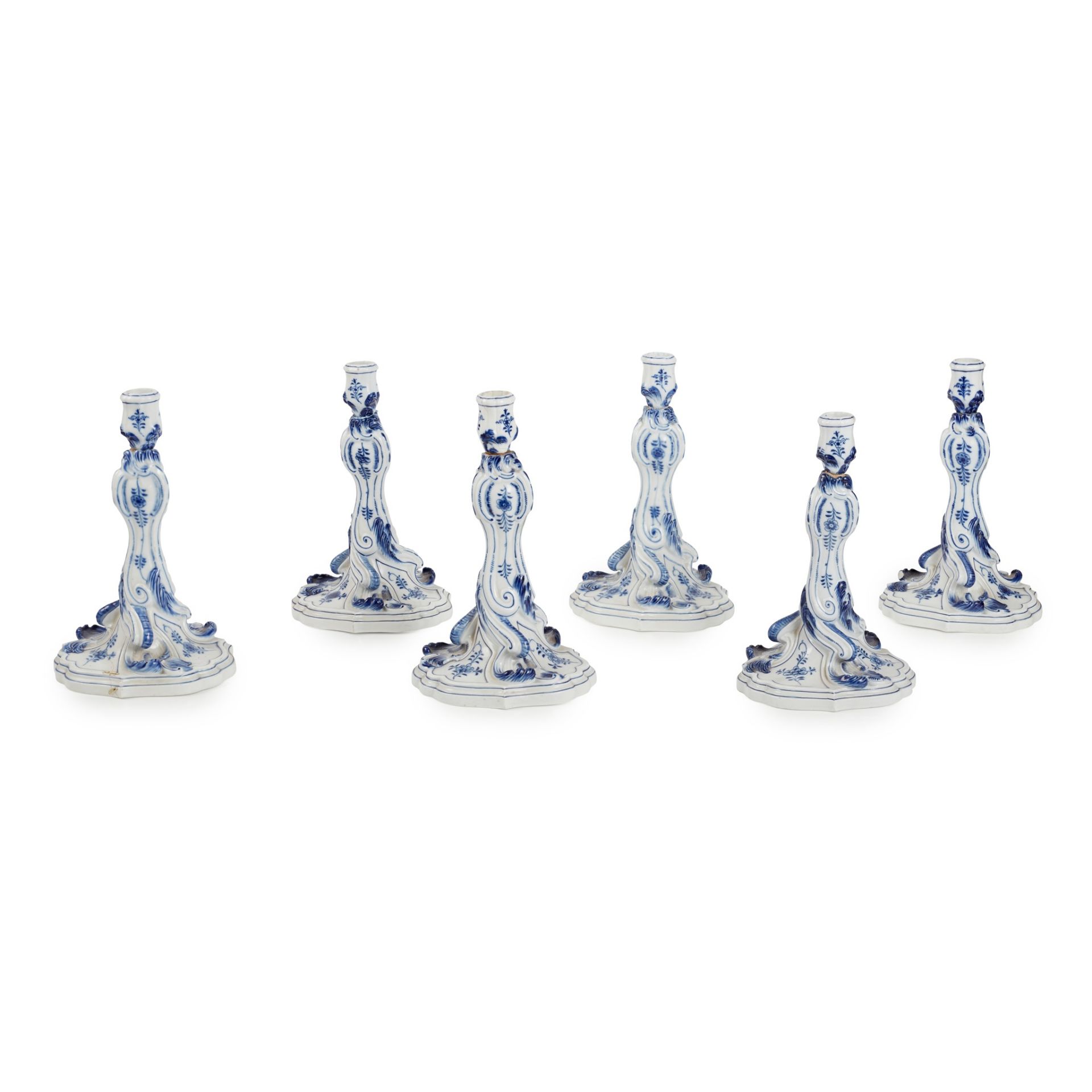 SET OF SIX MEISSEN BLUE AND WHITE 'ONION PATTERN' CANDLESTICKS 20TH CENTURY