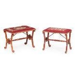 NEAR PAIR OF VICTORIAN WALNUT AND NEEDLEWORK DRESSING TABLE STOOLS 19TH CENTURY