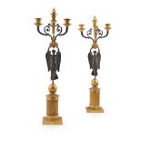 PAIR OF FRENCH EMPIRE GILT AND PATINATED BRONZE FIGURAL CANDELABRA EARLY 19TH CENTURY
