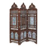 THREE-FOLD DAMASCUS HARDWOOD, MOTHER-OF-PEARL, AND ENAMEL PANEL MASHRABIYYA SCREEN LATE 19TH