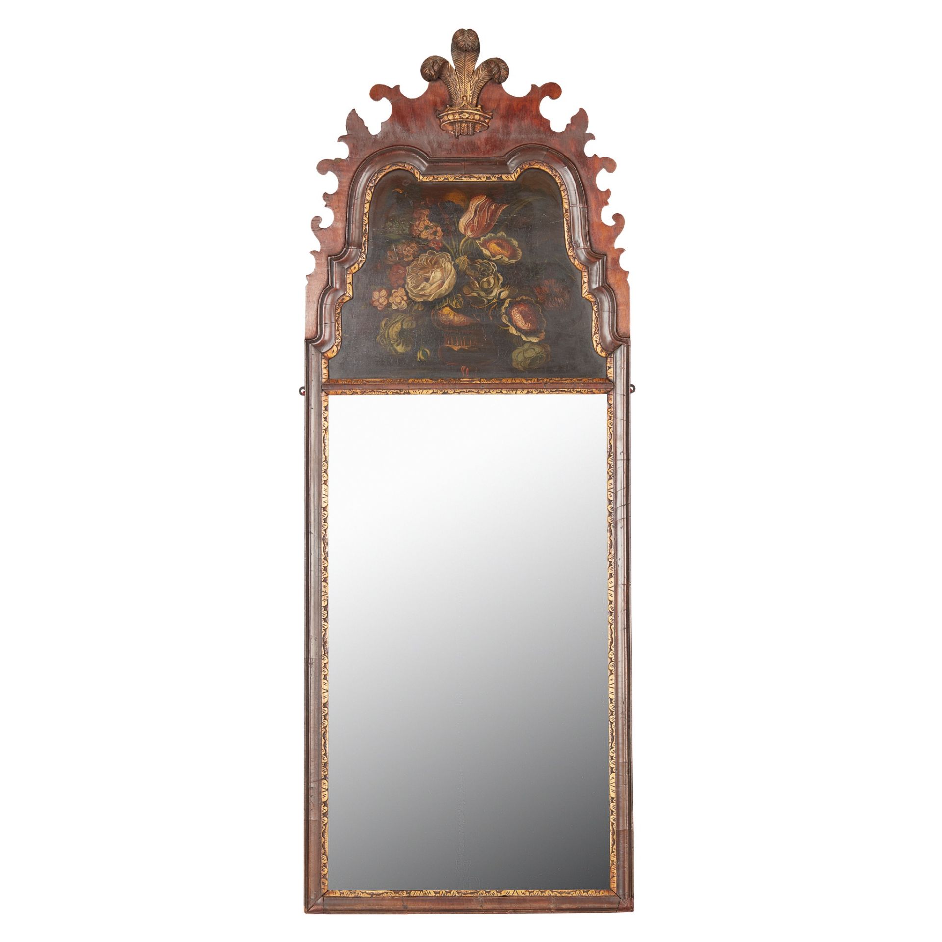 GEORGE II STYLE MAHOGANY, PAINTED, AND PARCEL-GILT MIRROR LATE 19TH CENTURY