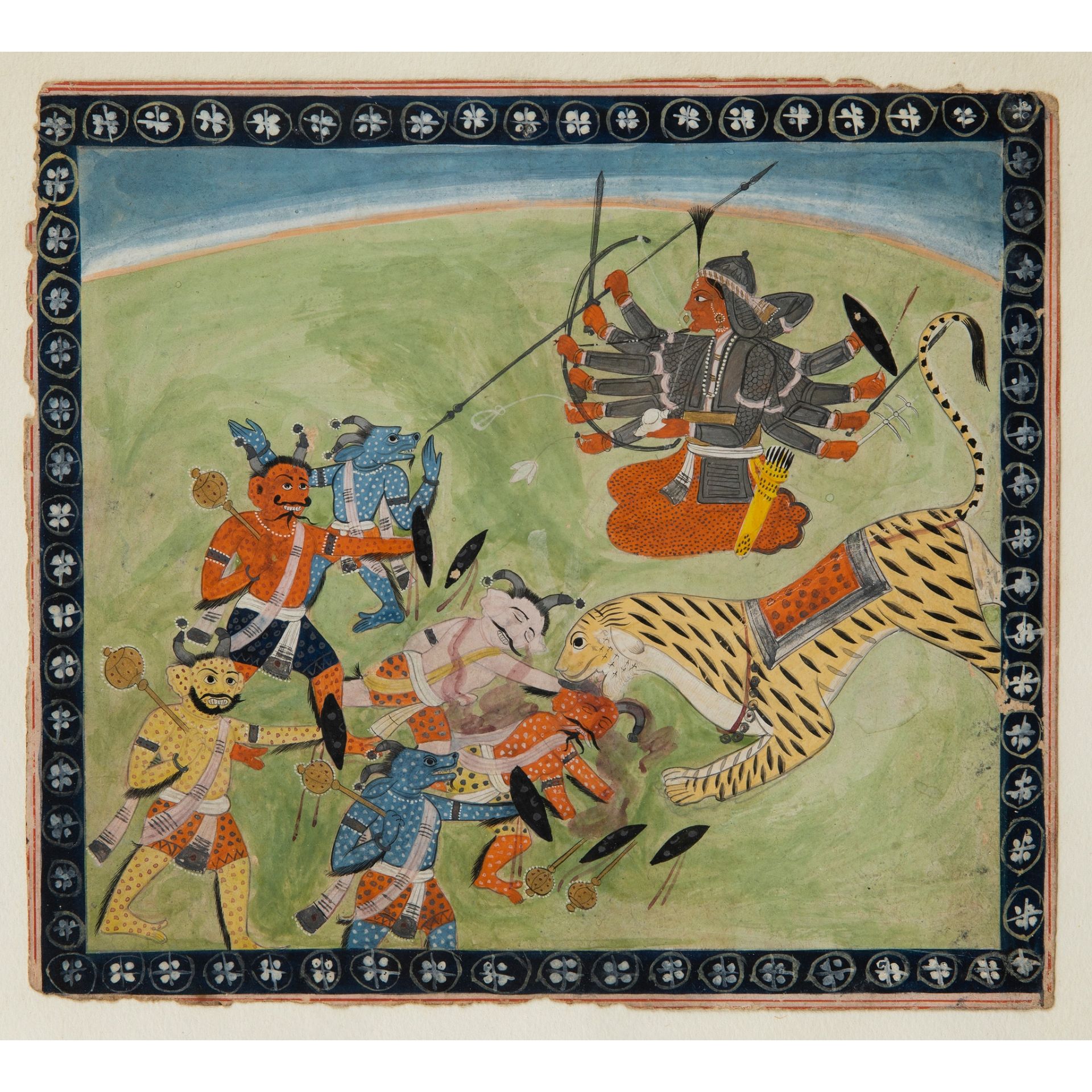 AN ILLUSTRATION FROM A DEVI MAHATMYA SERIES: DURGA IN COMBAT WITH AN ARMY OF DEMONS KANGRA, LATE - Image 2 of 3