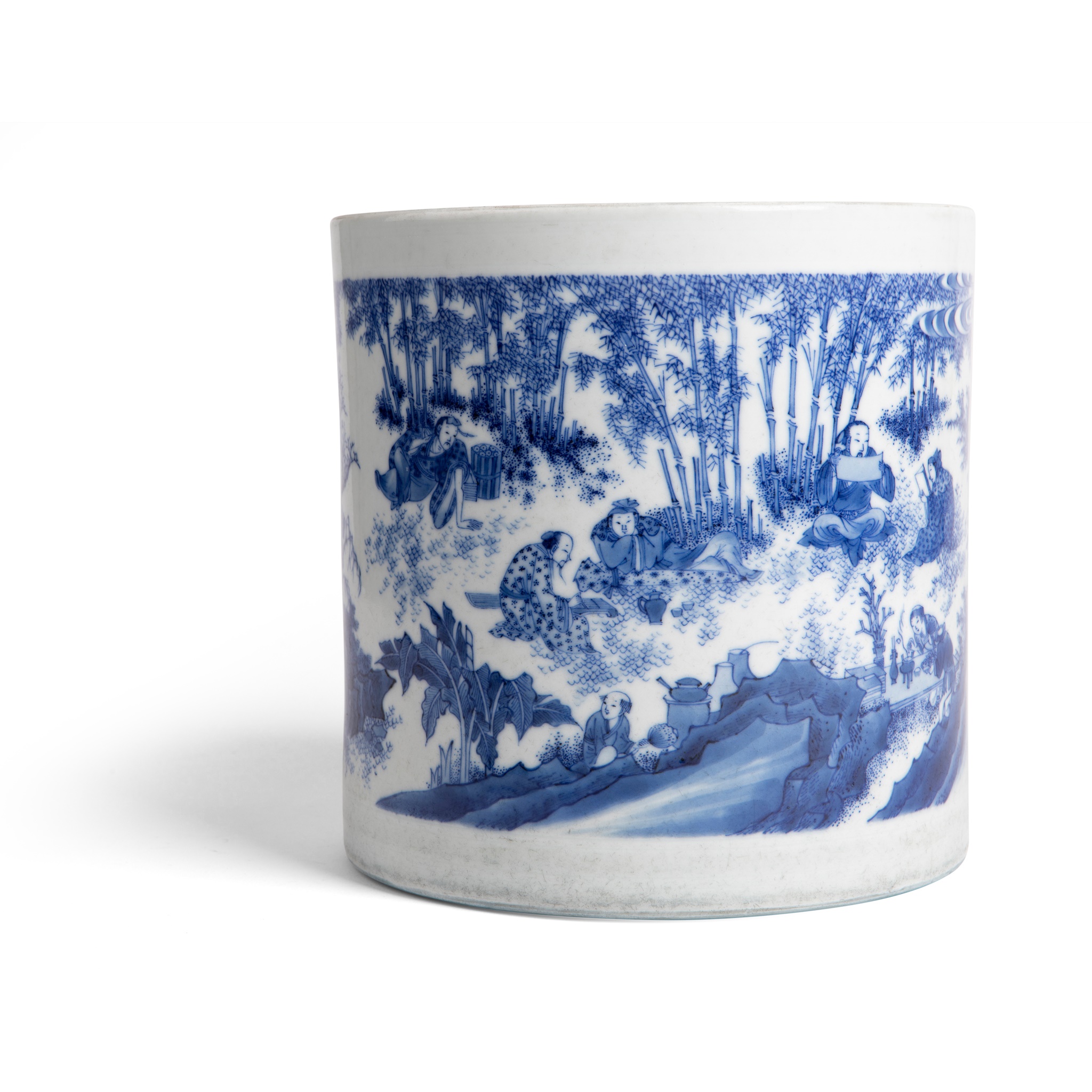 BLUE AND WHITE 'SEVEN SAGES' BRUSH POT TRANSITIONAL PERIOD, 17TH CENTURY