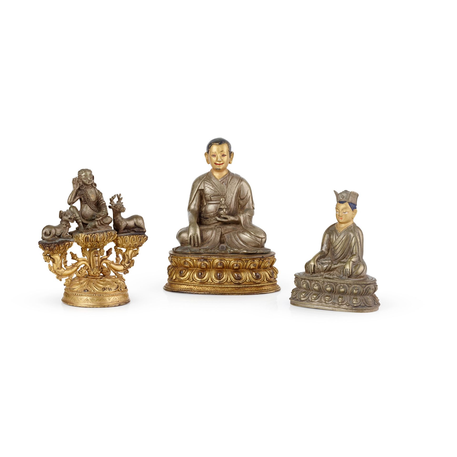 GROUP OF THREE SILVER AND GILT COPPER ALLOY FIGURES OF BUDDHIST MASTERS QING DYNASTY, 19TH CENTURY