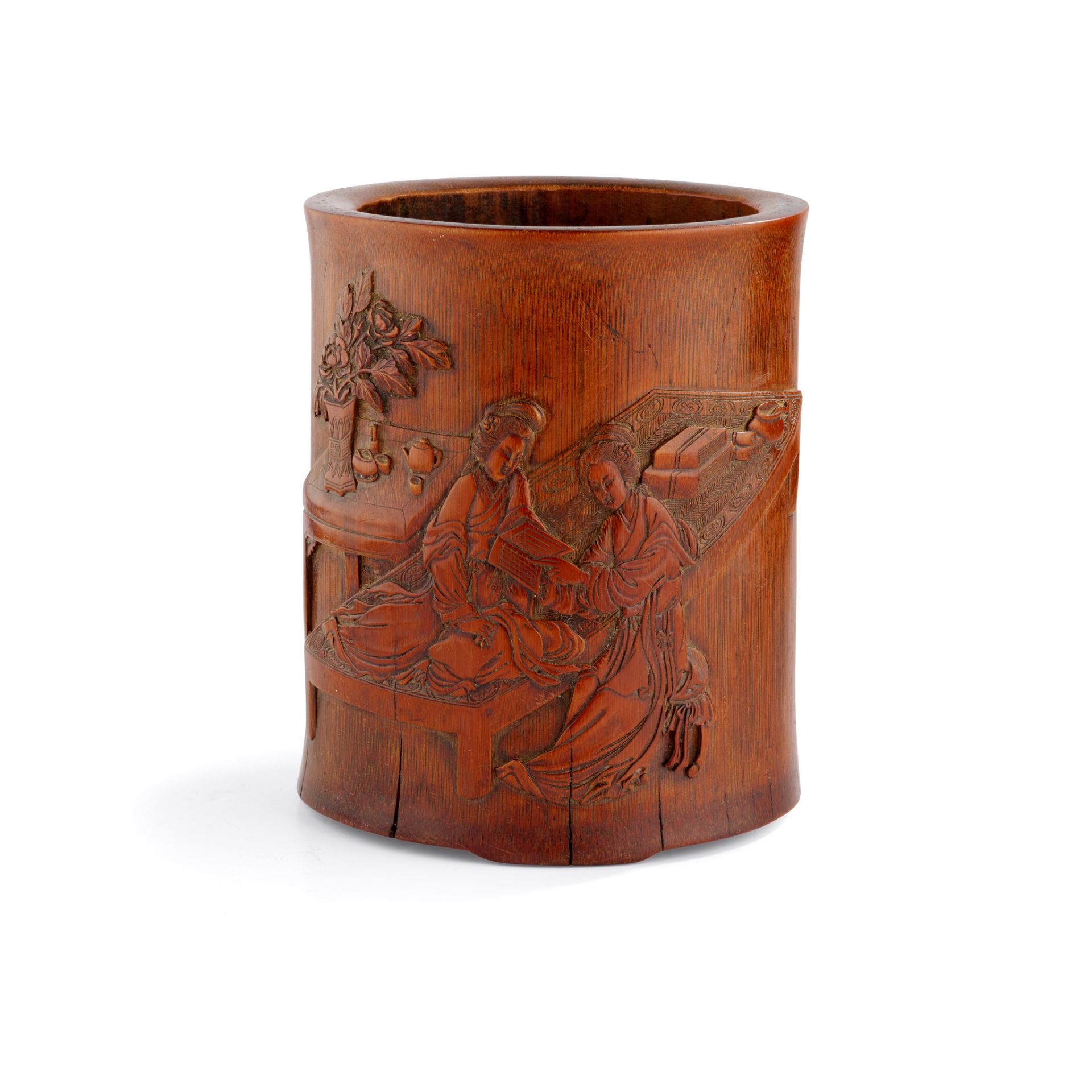 CARVED BAMBOO 'LADIES IN STUDY' BRUSH POT QING DYNASTY, 19TH CENTURY