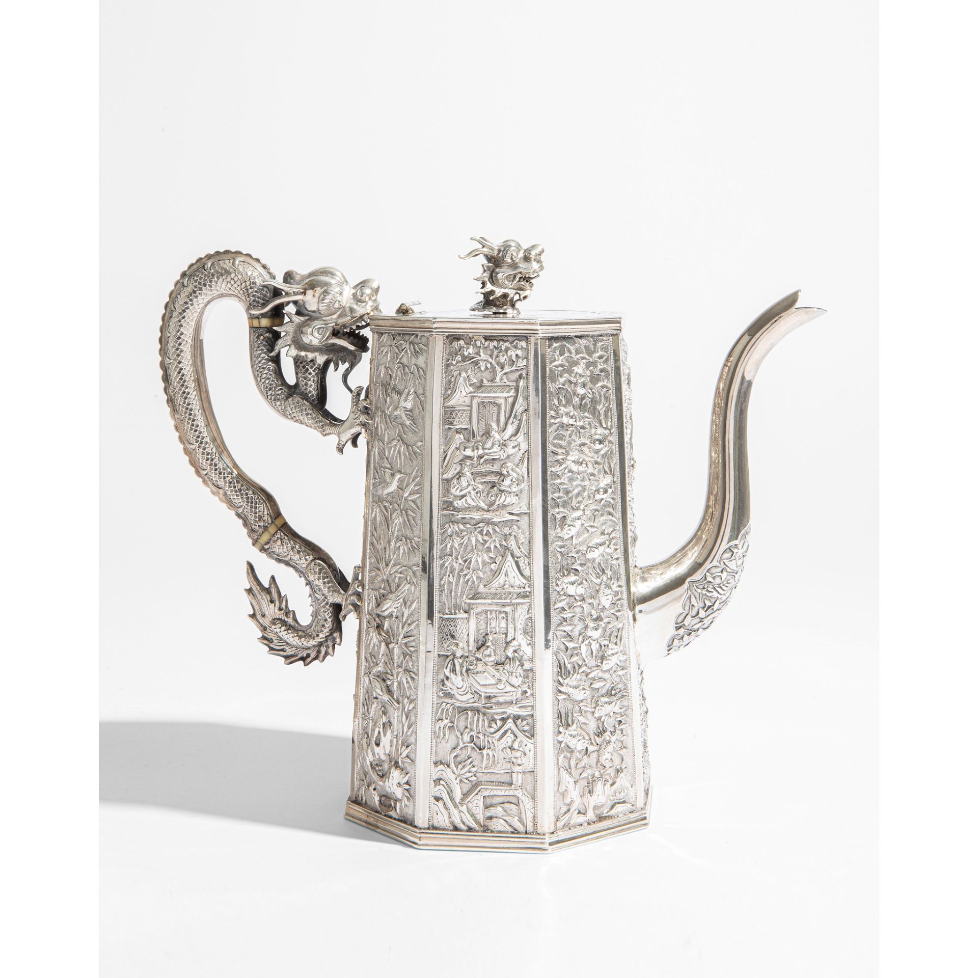 CHINESE EXPORT SILVER THREE-PIECE TEA SERVICE AND A COFFEE POT LATE QING DYNASTY, WANG HING 90 - Image 3 of 5