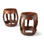 PAIR OF HUANGHUALI AND HARDWOOD CARVED DRUM FORM STOOLS QING DYNASTY, 19TH CENTURY