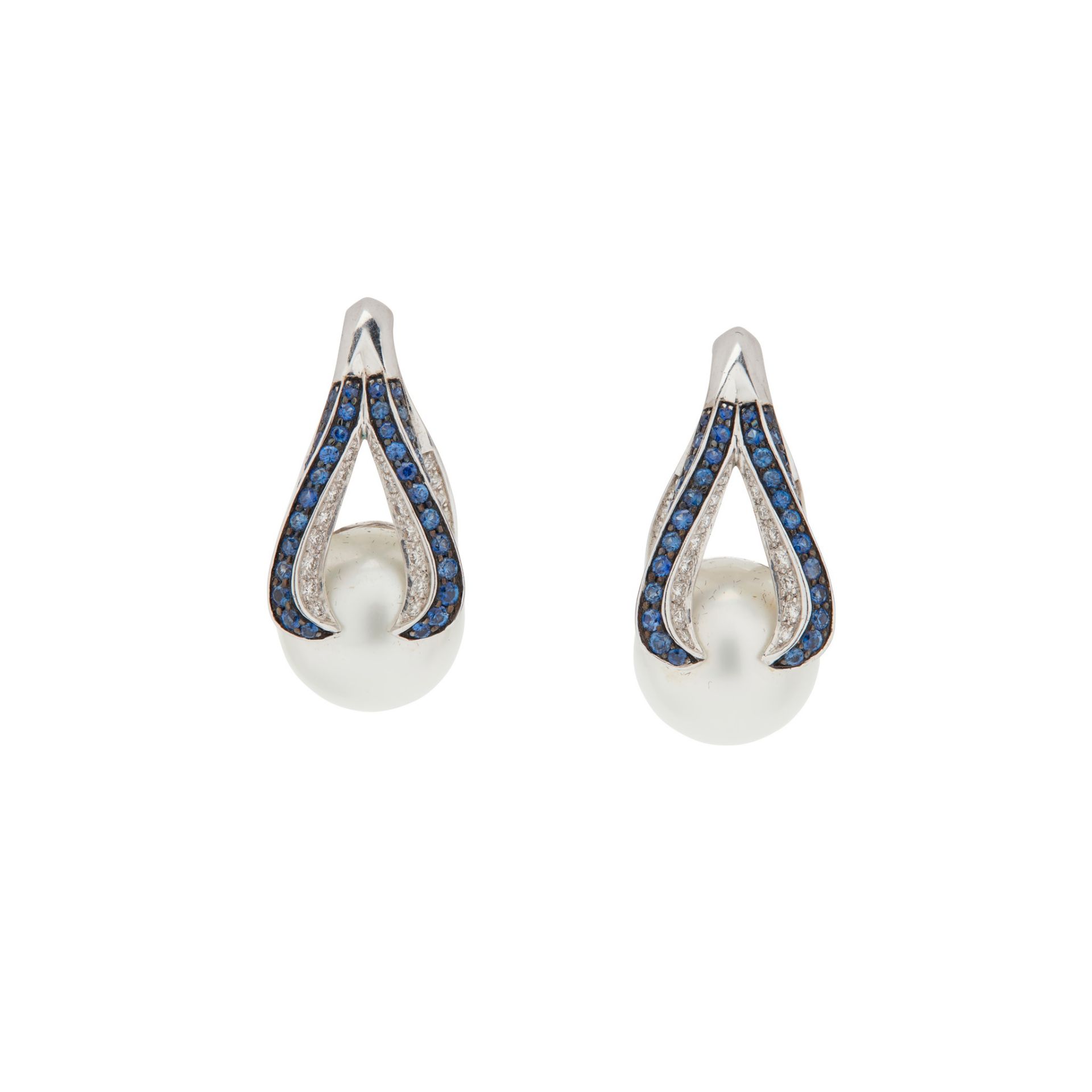A pair of South Sea pearl, sapphire and diamond earrings