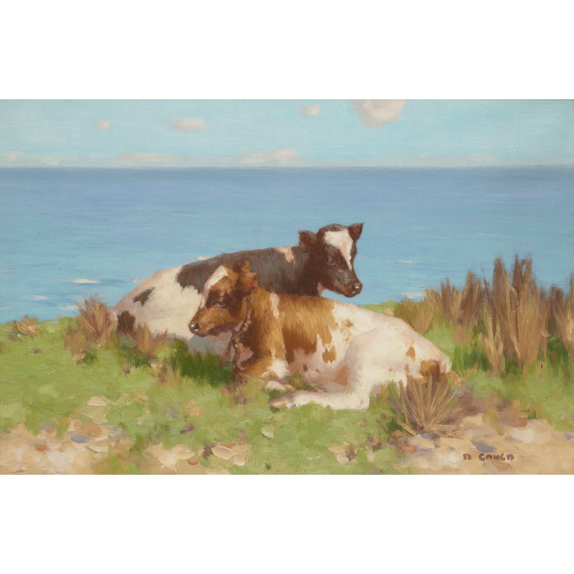 DAVID GAULD R.S.A. (SCOTTISH 1865-1936) CALVES BY THE SEA