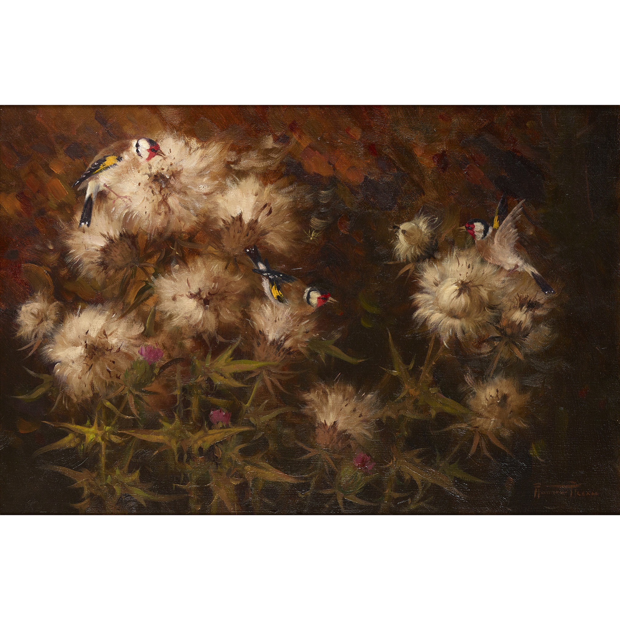 ANDREW ALLAN (SCOTTISH 1863-1940) THISTLEDOWN AND GOLDFINCHES
