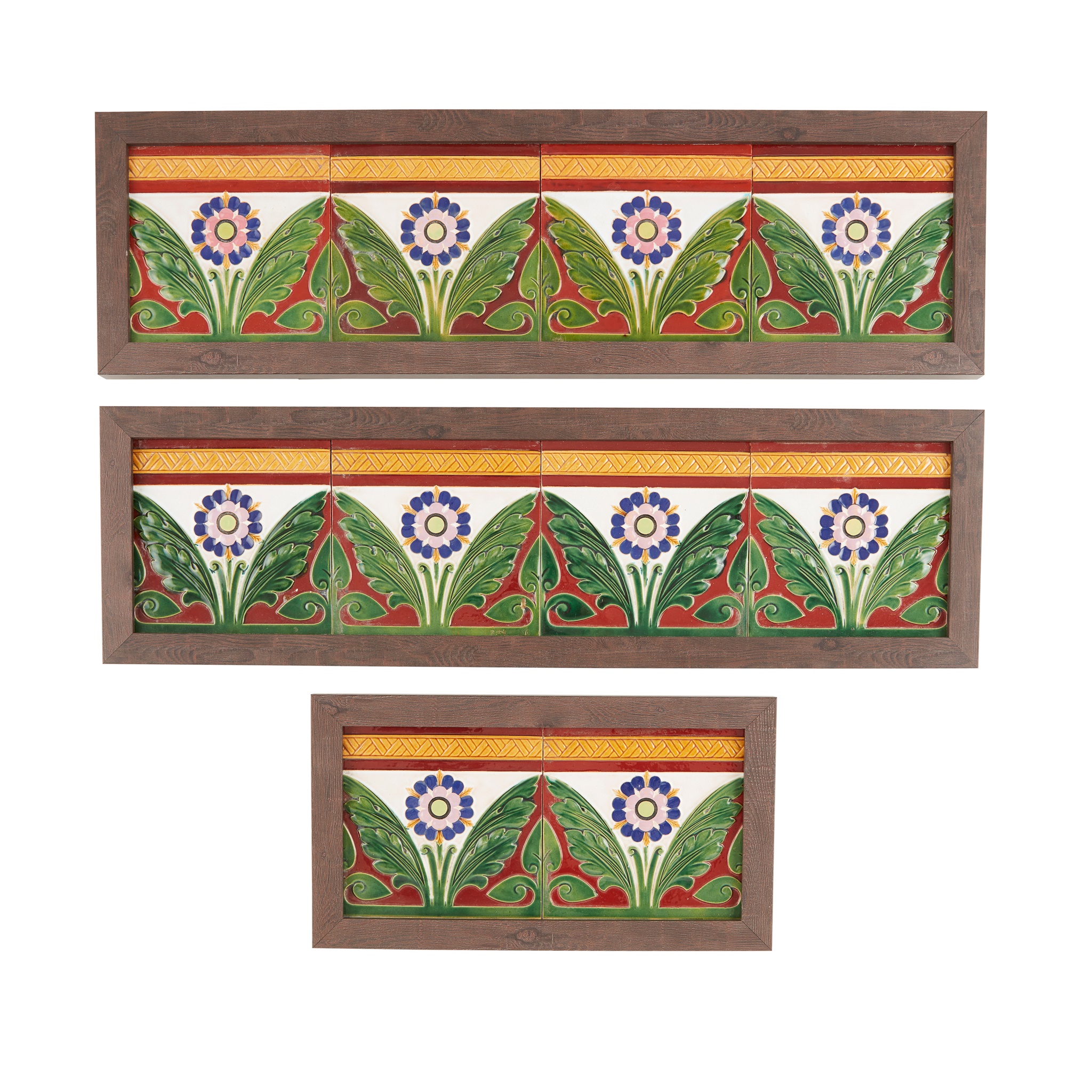 MINTON & CO., MANNER OF CHRISTOPHER DRESSER GROUP OF THREE FRAMED TILE PANELS, CIRCA 1870