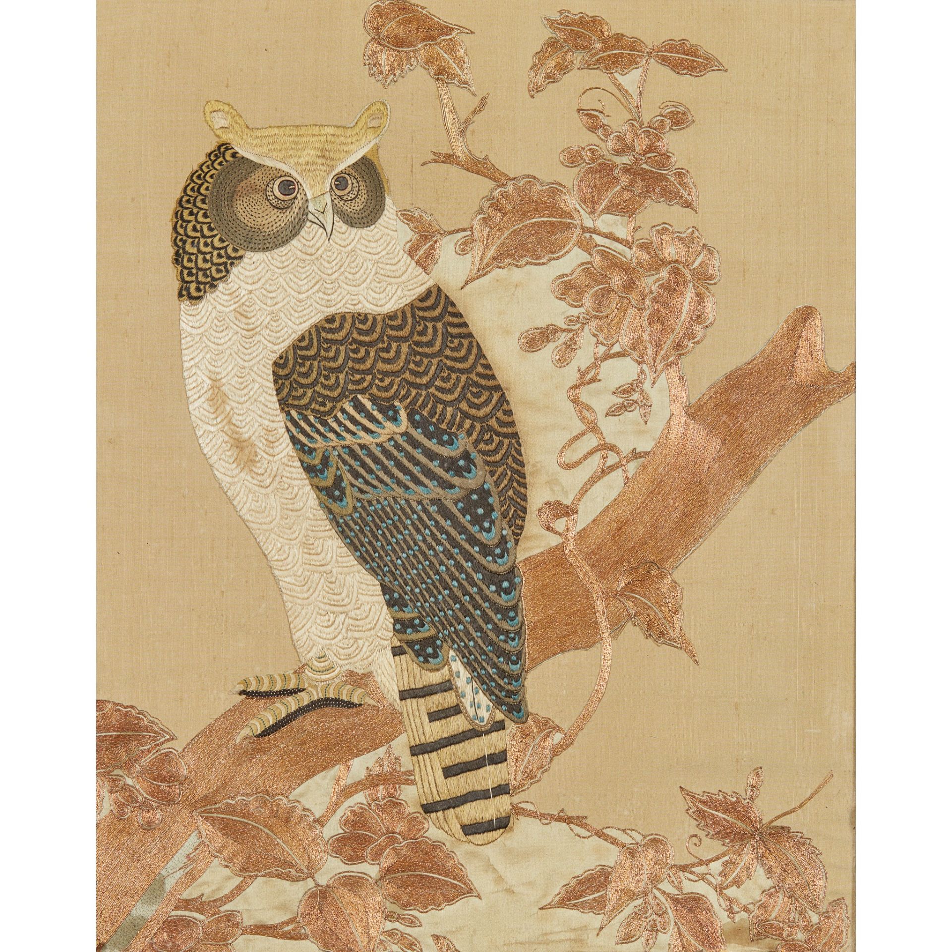 JAPANESE EMBROIDERED PANEL OF AN OWL, MEIJI PERIOD CIRCA 1880
