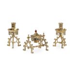 ADOLF FRANKAU & CO. LTD GOTHIC REVIVAL BRASS DESK SET, CIRCA 1890