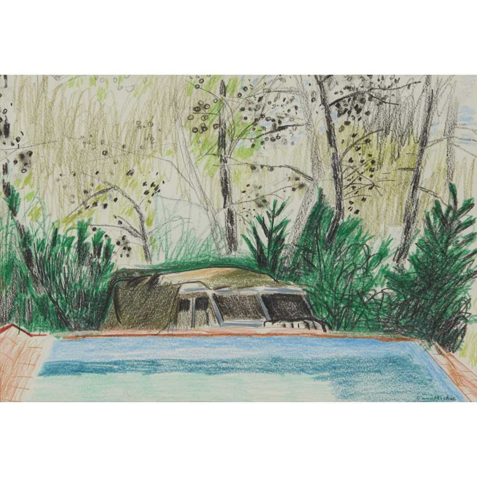 § DAVID MICHIE O.B.E., R.S.A., R.G.I., F.R.S.A (SCOTTISH 1928-2015) TRUCK AND SWIMMING POOL (IBIZA),