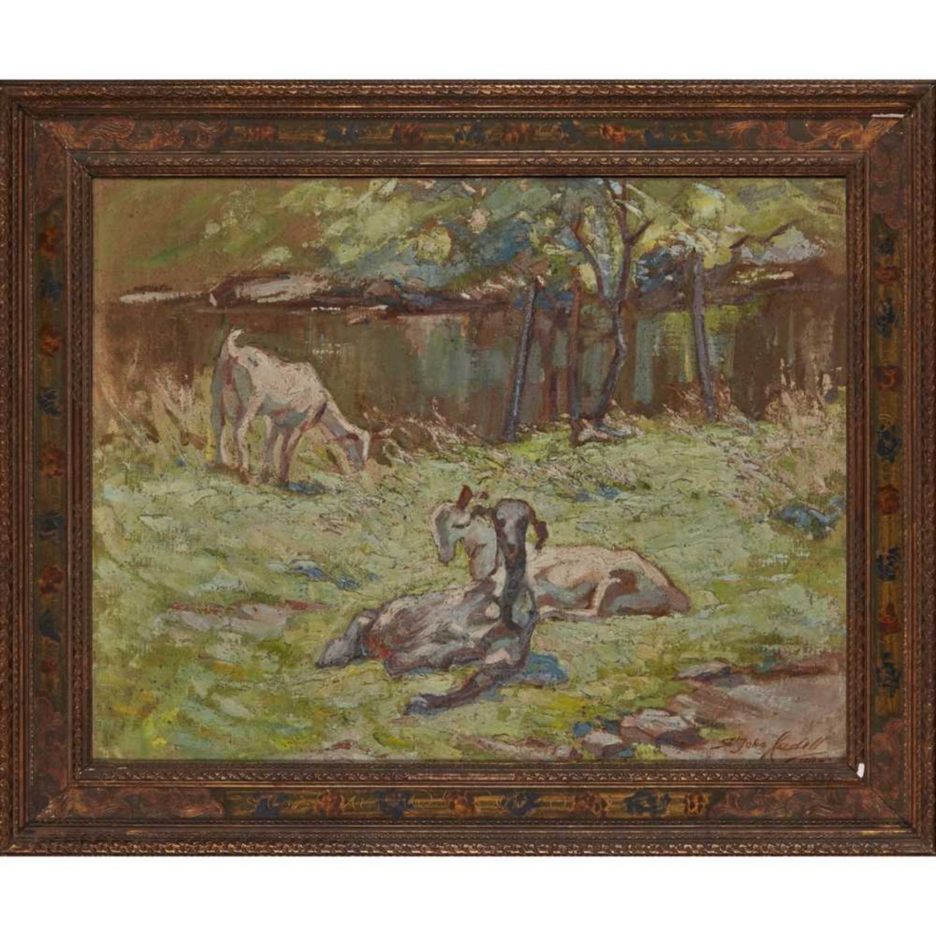 § FLORENCE ST. JOHN CADELL (SCOTTISH 1877-1966) RIVERBANK, GRAZING GOATS, 1942 - Bild 2 aus 3