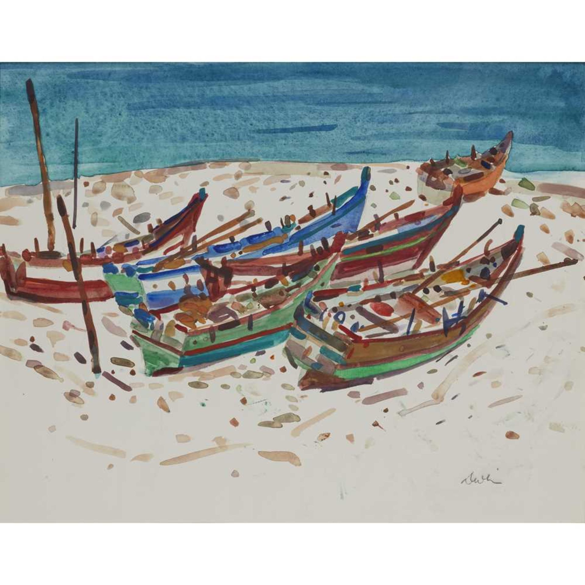 § GEORGE DEVLIN R.S.W (SCOTTISH 1937-2014) BOATS AT LAGOS, ANDALUCIA