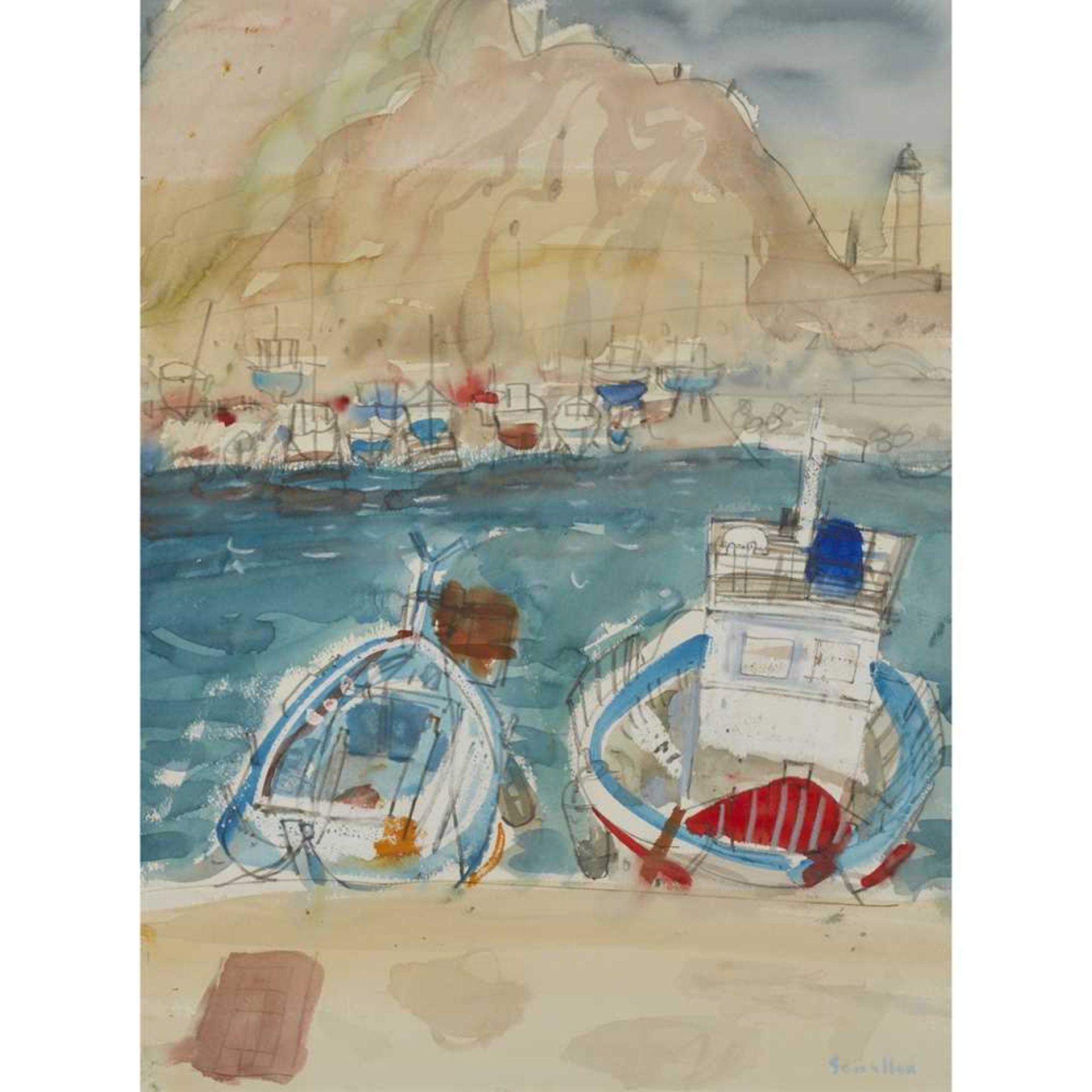 § GLEN SCOULLER R.S.W., R.G.I. (SCOTTISH 1950-) BOATS AND LIGHTHOUSE, CEFALU, SICILY