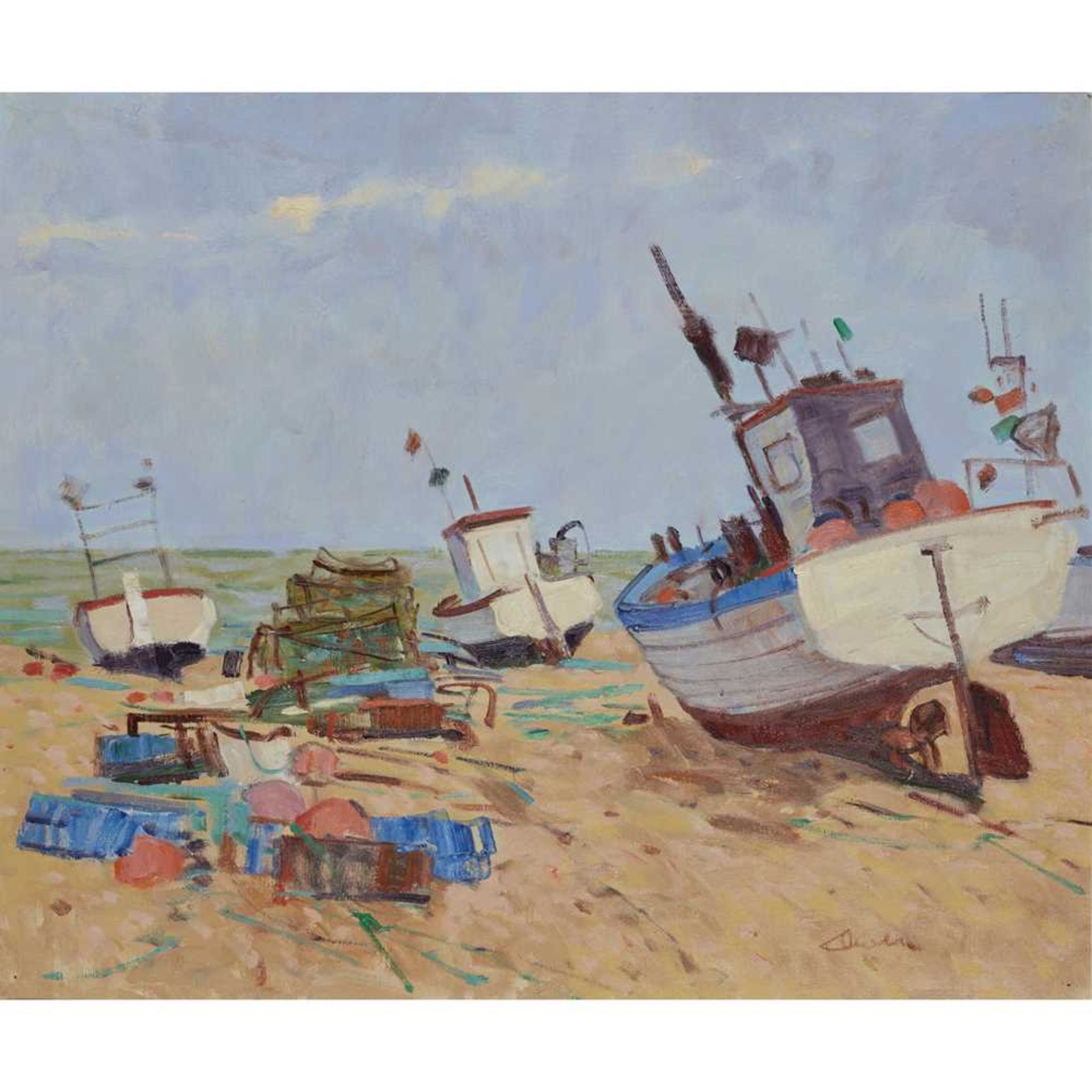 § GEORGE DEVLIN R.S.W (SCOTTISH 1937-2014) BOATS AT ALDEBURGH