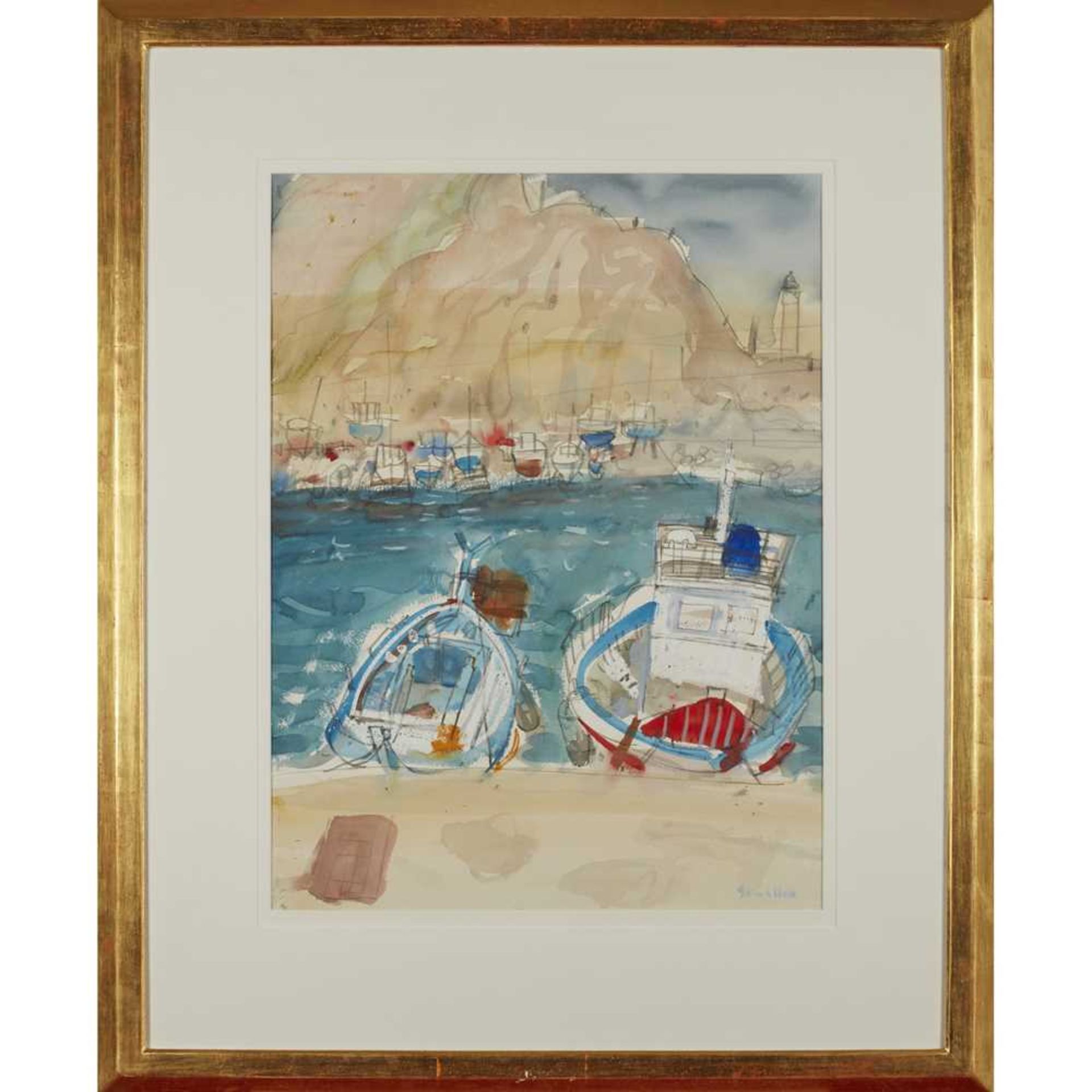 § GLEN SCOULLER R.S.W., R.G.I. (SCOTTISH 1950-) BOATS AND LIGHTHOUSE, CEFALU, SICILY - Bild 2 aus 3