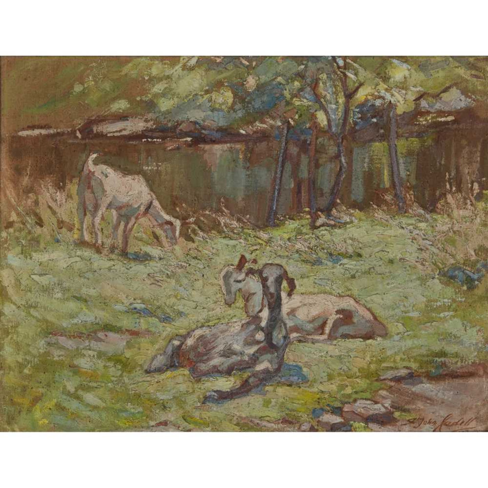 § FLORENCE ST. JOHN CADELL (SCOTTISH 1877-1966) RIVERBANK, GRAZING GOATS, 1942