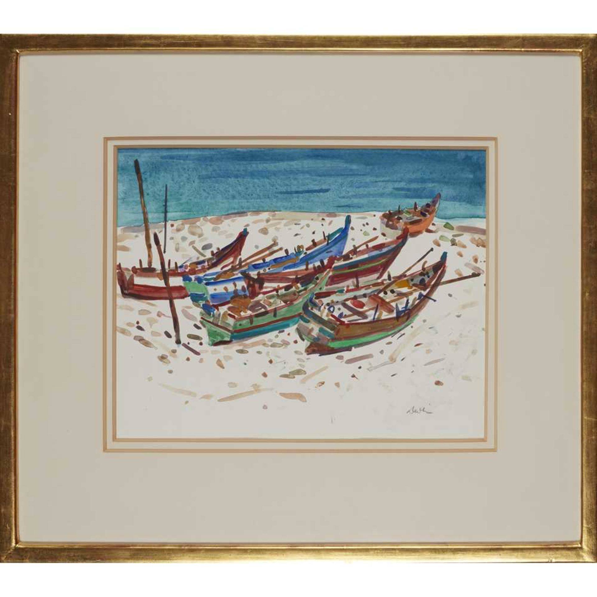 § GEORGE DEVLIN R.S.W (SCOTTISH 1937-2014) BOATS AT LAGOS, ANDALUCIA - Image 2 of 3