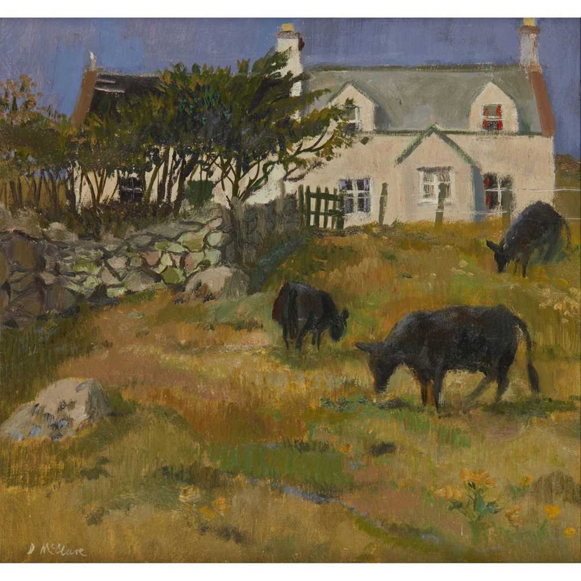 § DAVID MCCLURE R.S.A., R.S.W. (SCOTTISH 1926-1998) CROFT WITH BLACK COWS, STOER