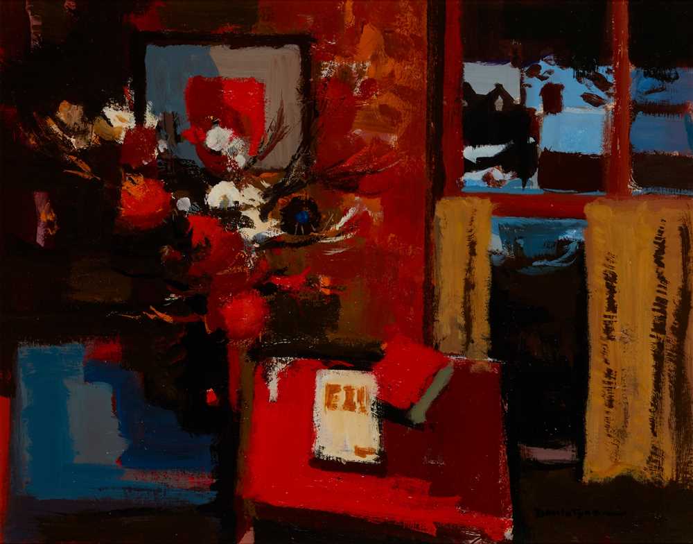 § DONALD MCINTYRE (BRITISH 1923-2009) STILL LIFE ON A RED TABLE