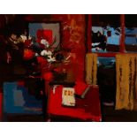 § DONALD MCINTYRE (BRITISH 1923-2009) STILL LIFE ON A RED TABLE