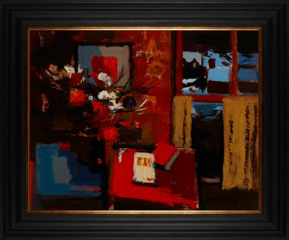 § DONALD MCINTYRE (BRITISH 1923-2009) STILL LIFE ON A RED TABLE - Image 2 of 3