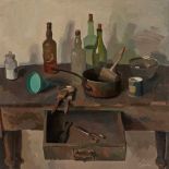 § ALEXANDER GOUDIE (SCOTTISH 1933-2004) STILL LIFE WITH BOTTLES AND OPEN DRAWER