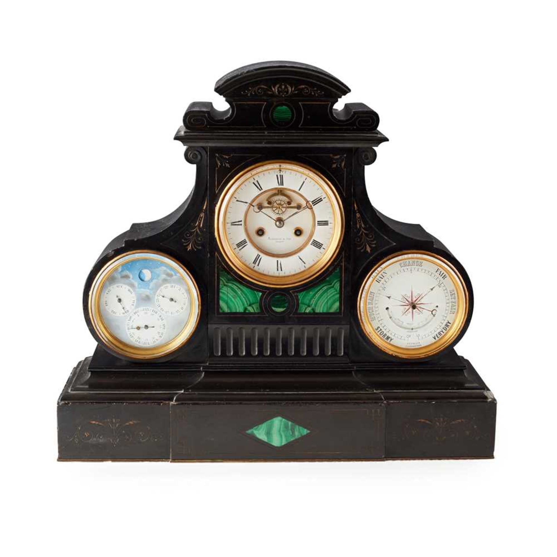 A LARGE SLATE AND MALACHITE PERPETUAL CALENDAR MANTEL CLOCK WITH BAROMETER, ALEXANDER & SON, GLASGOW