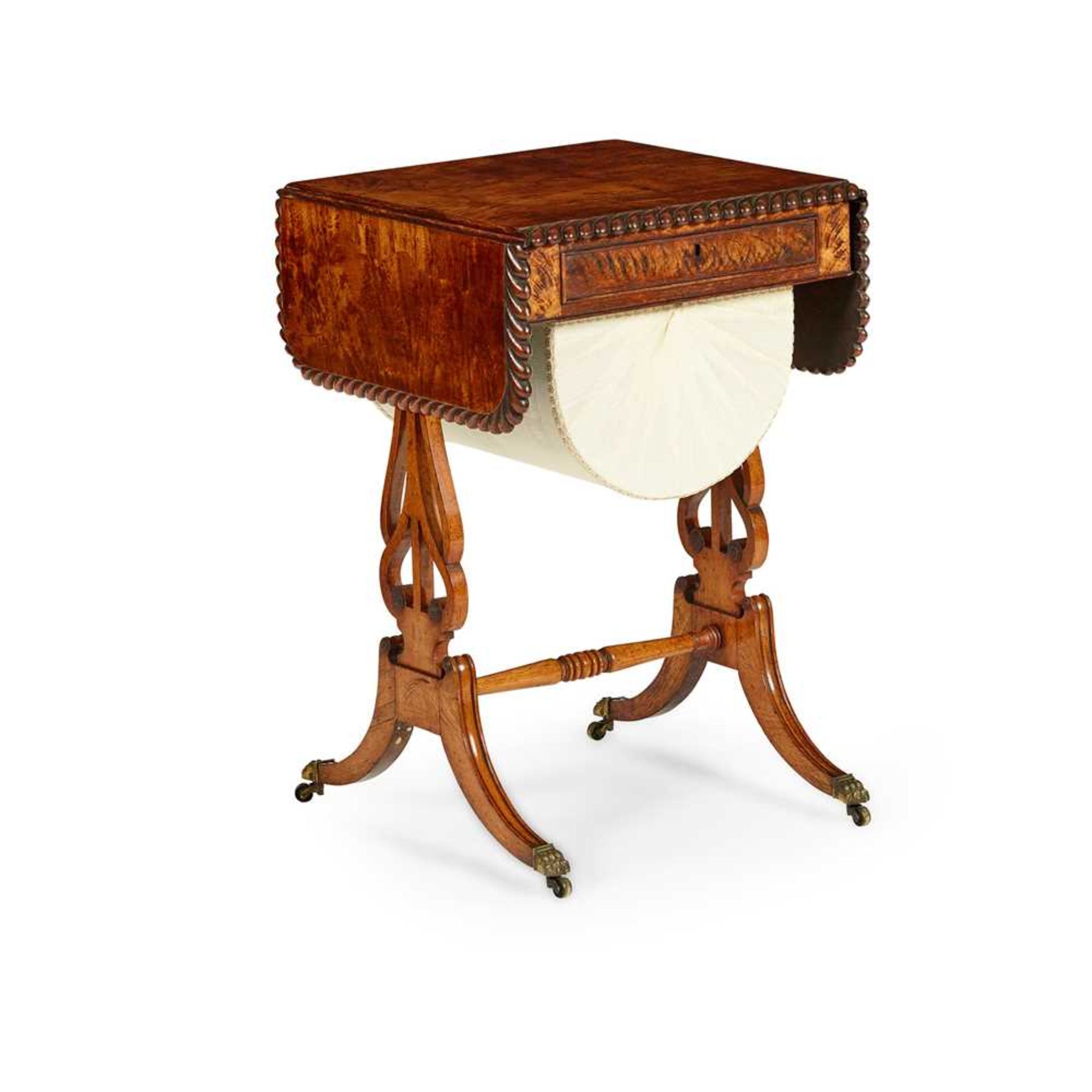 A FINE REGENCY POLLARD OAK WORK TABLE, ATTRIBUTED TO JAMES MEIN OF KELSO EARLY 19TH CENTURY