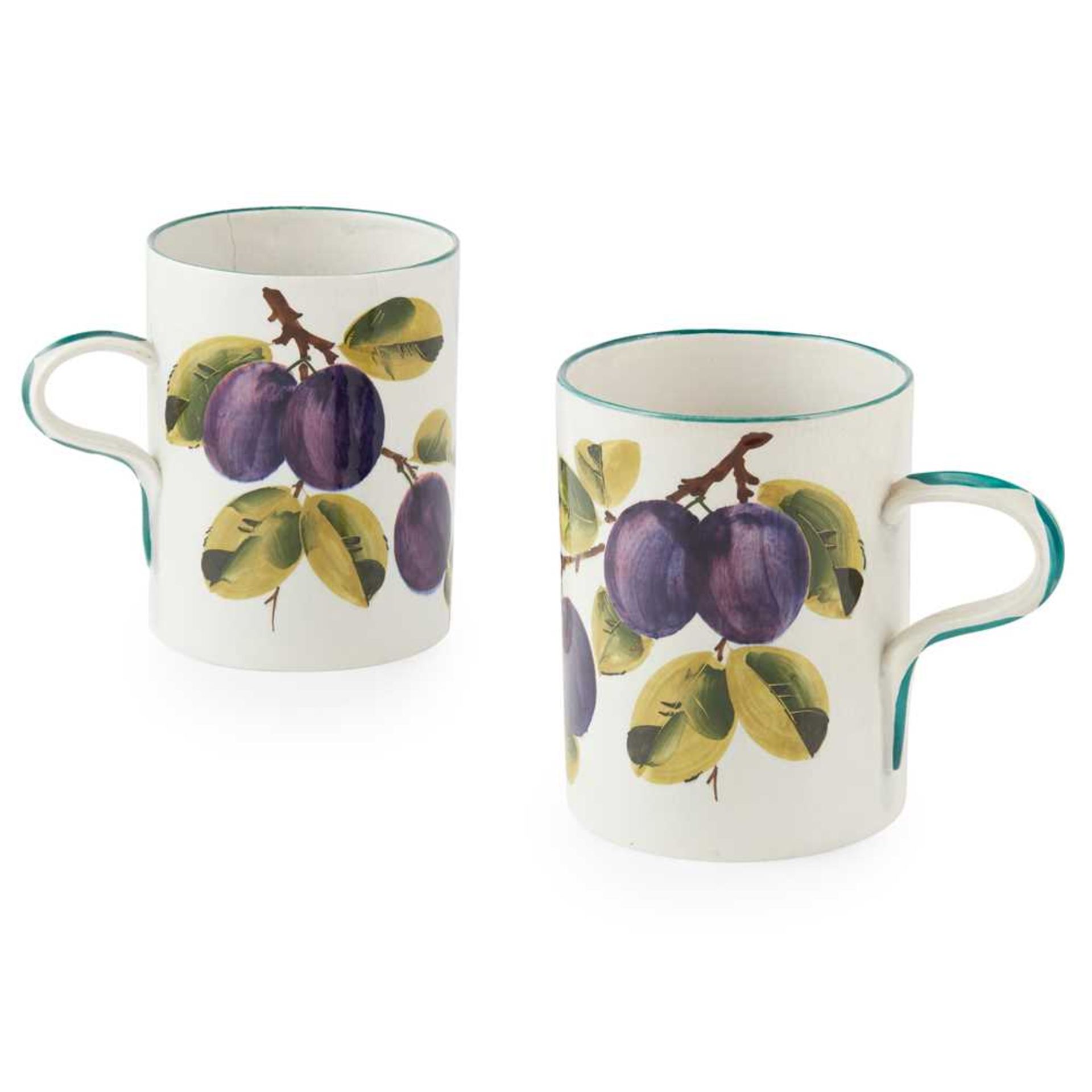 A PAIR OF LARGE WEMYSS WARE MUGS 'PLUMS' PATTERN, EARLY 20TH CENTURY