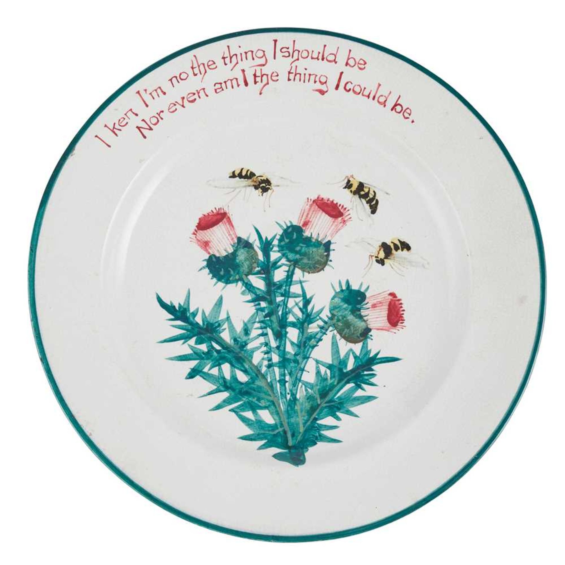 A LARGE WEMYSS WARE PLATE 'THISTLES AND BEES' PATTERN, CIRCA 1900
