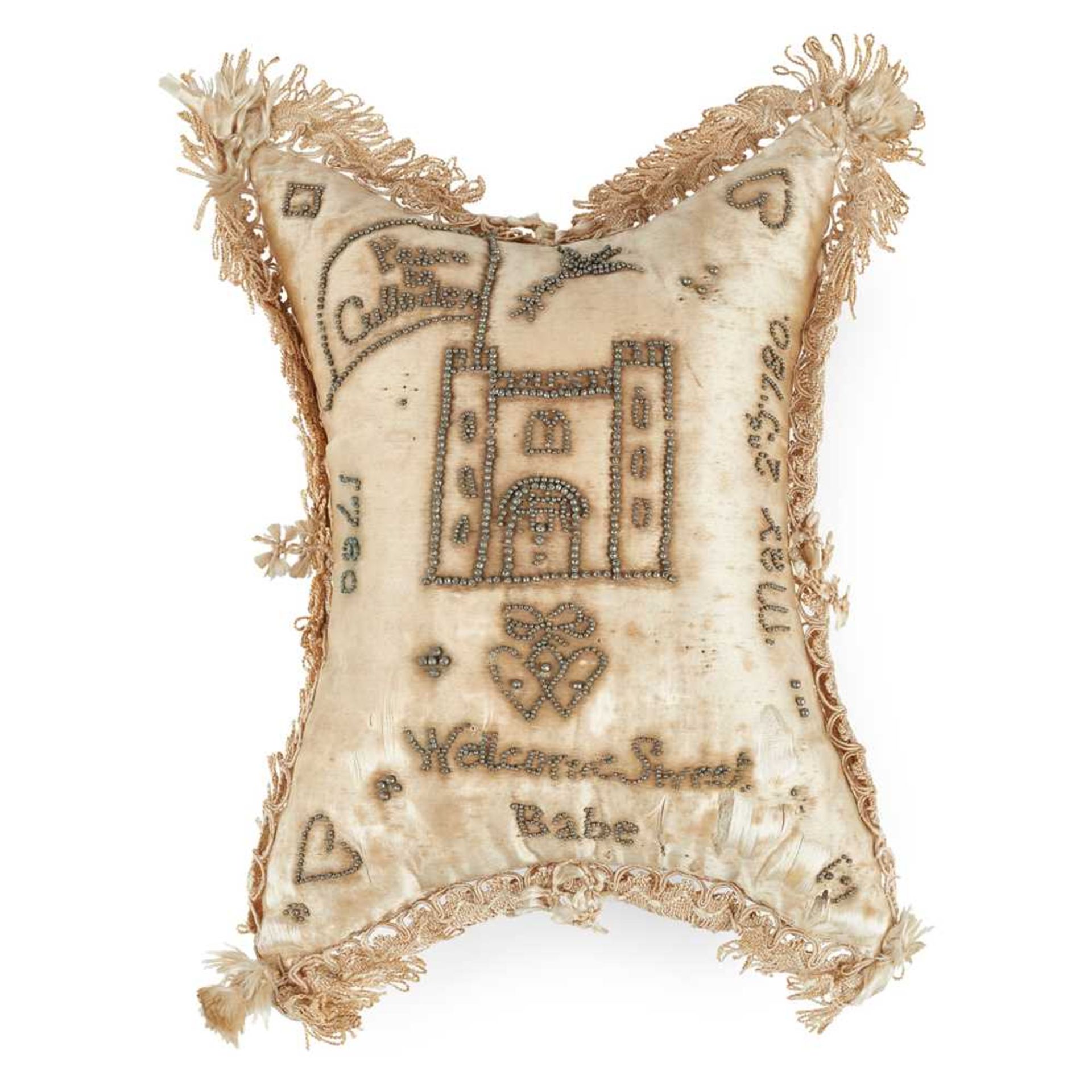 A GEORGE III SCOTTISH SILK PRESENTATION CUSHION FROM CULLODEN HOUSE LATE 18TH CENTURY