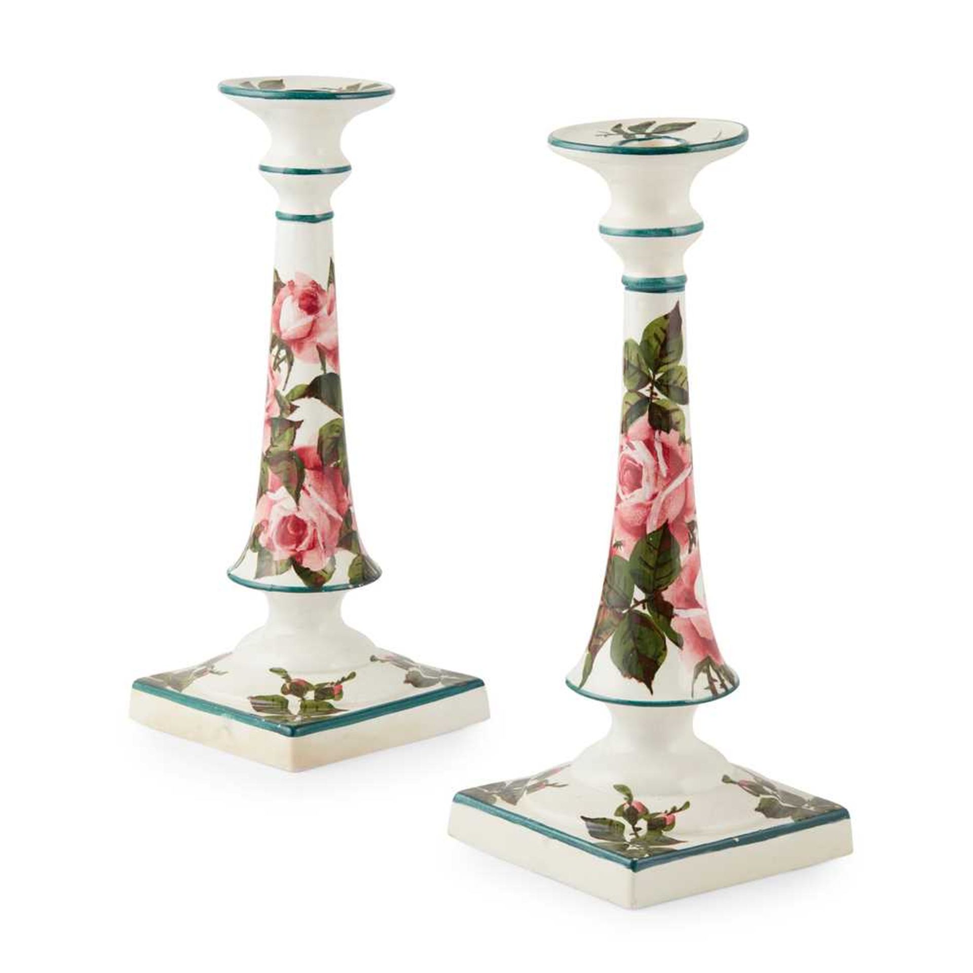 A PAIR OF WEMYSS WARE TALL CANDLESTICKS 'CABBAGE ROSES' PATTERN, CIRCA 1900