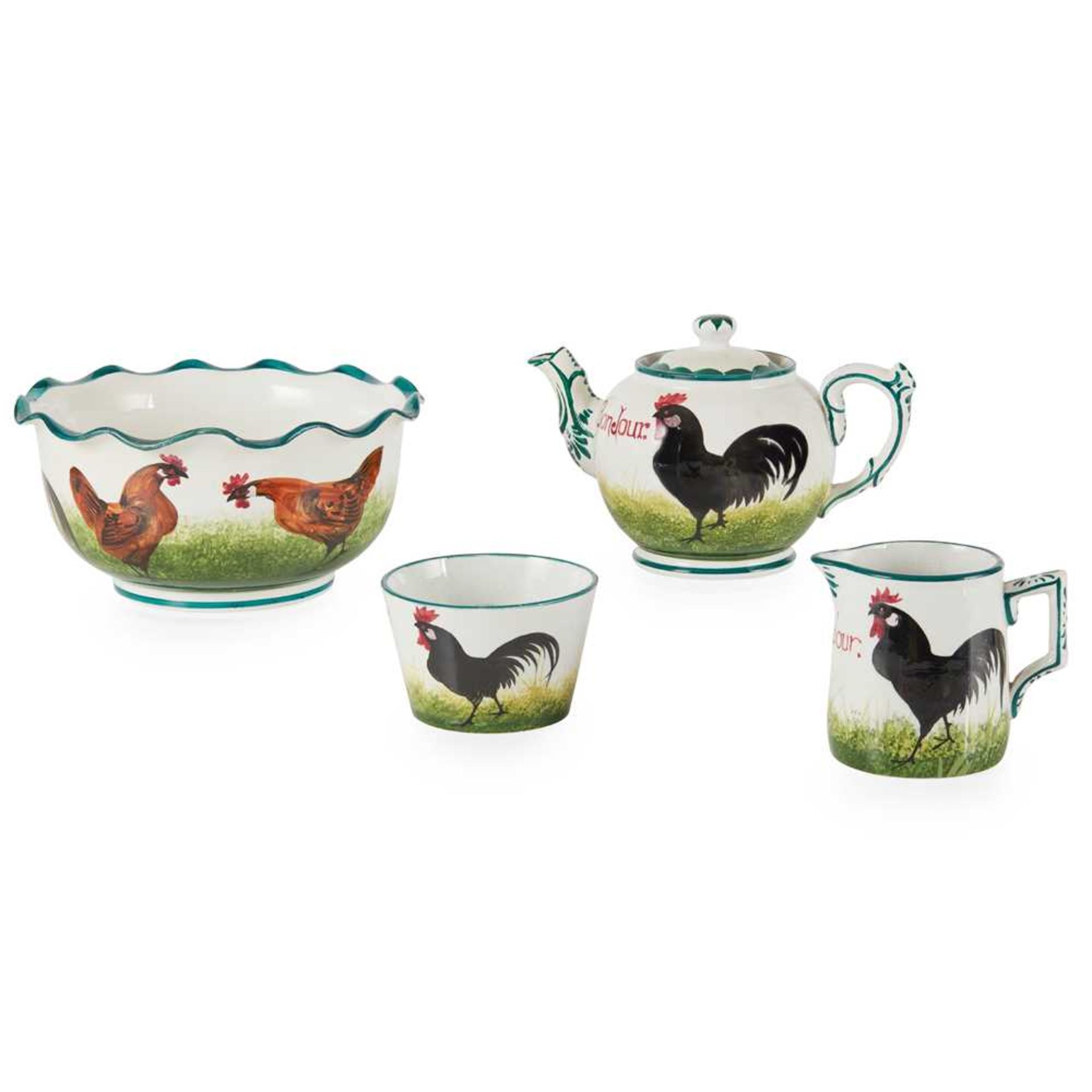 A WEMYSS WARE 'BONJOUR' PART TEA SERVICE 'BLACK COCKEREL' PATTERN, EARLY 20TH CENTURY