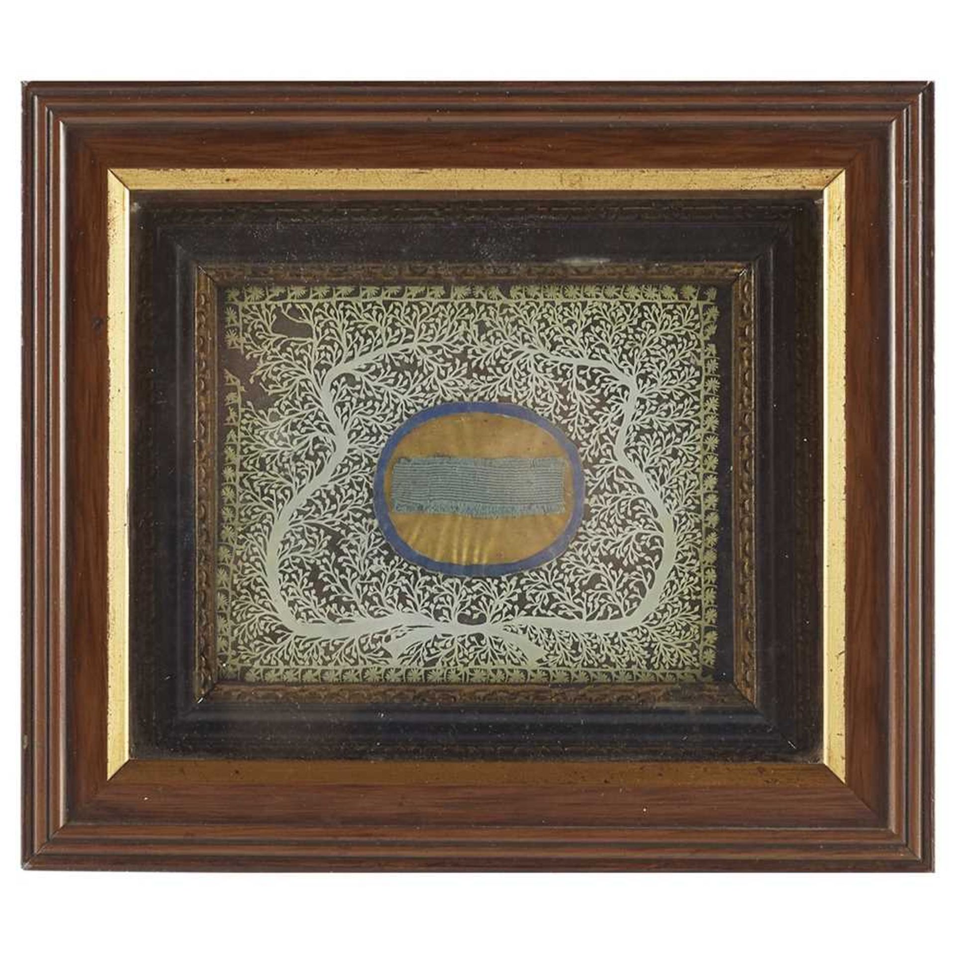 JACOBITE INTEREST - A FRAMED PIECE OF BLUE RIBBON CONTAINED WITHIN A FRAME, SURROUNDED BY A DECORATI