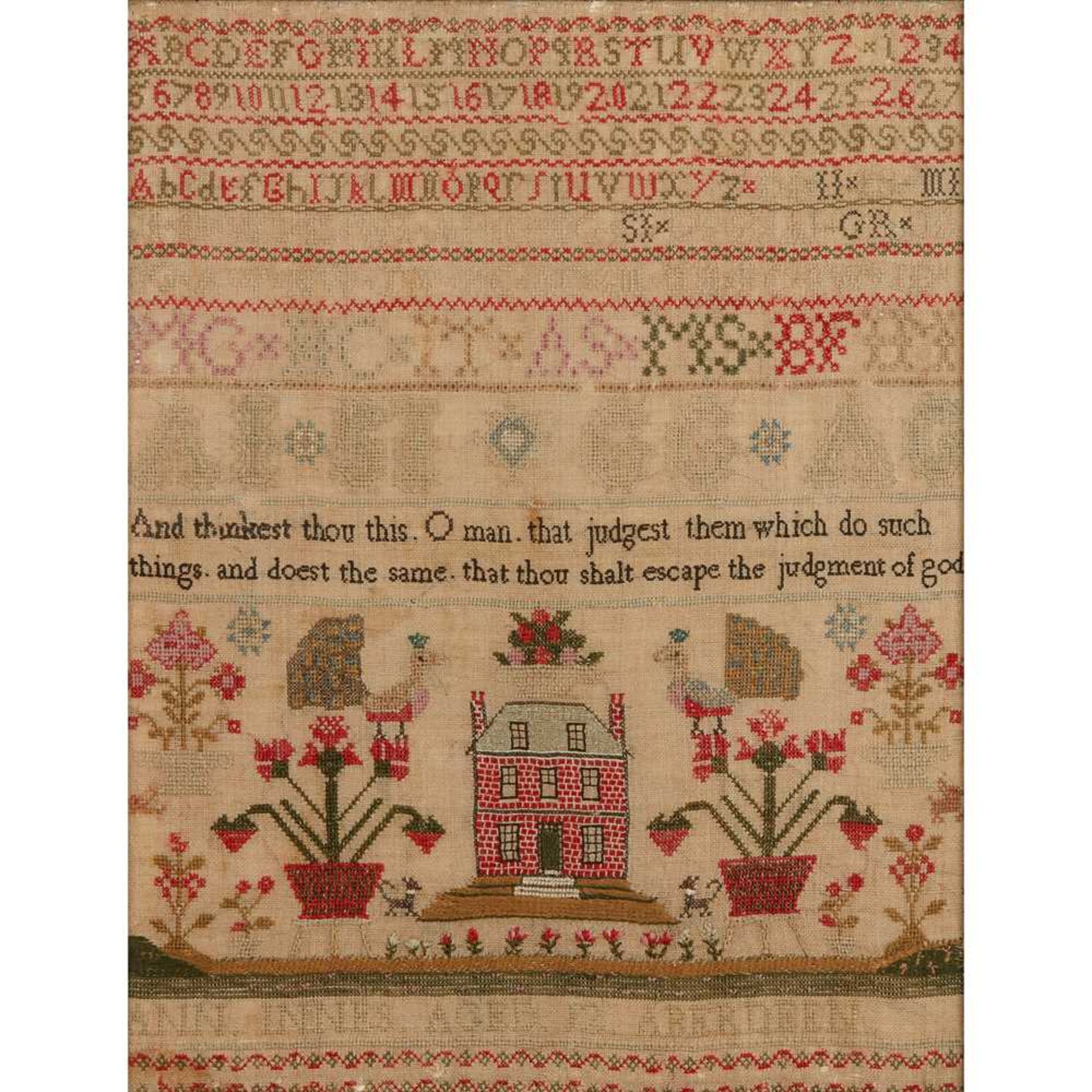 A SCOTTISH SCHOOL GIRL NEEDLEWORK SAMPLER,BY ANN INNES, AGED 12, ABERDEEN 2ND QUARTER 19TH CENTURY - Image 2 of 3