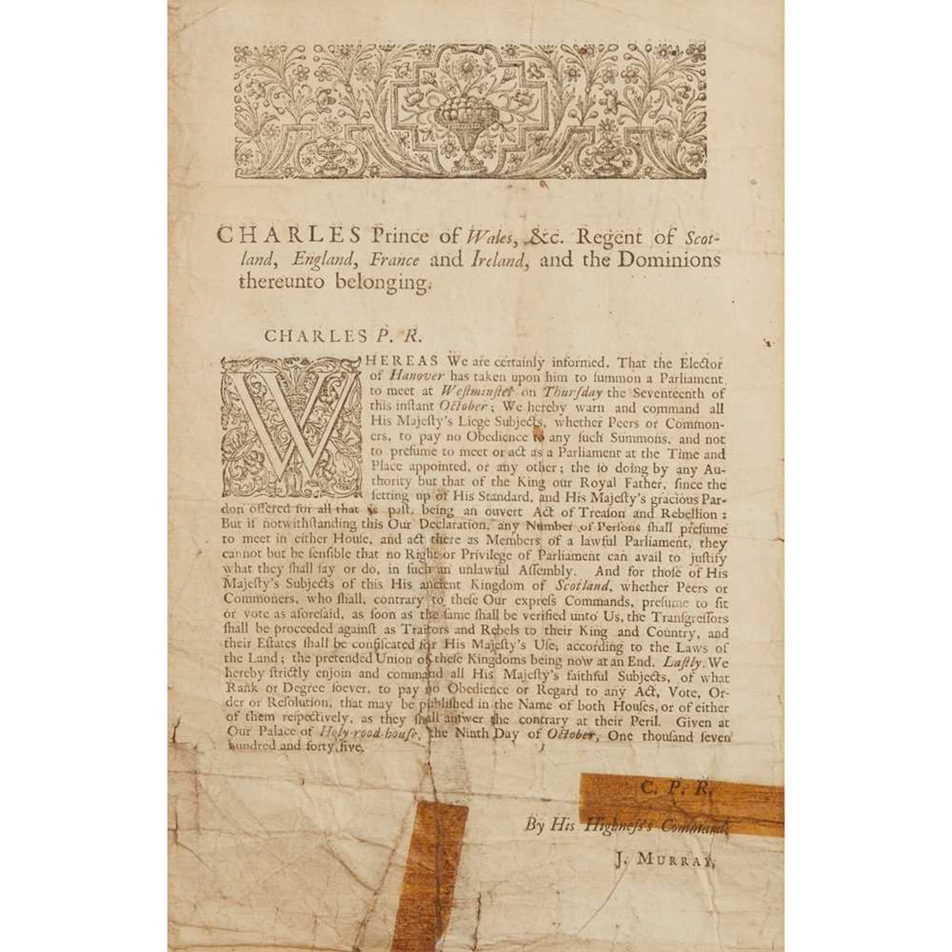 JACOBITE RISING OF 1745 RARE BROADSIDE PROCLAMATION, HOLYROOD HOUSE, 9 OCTOBER 1745