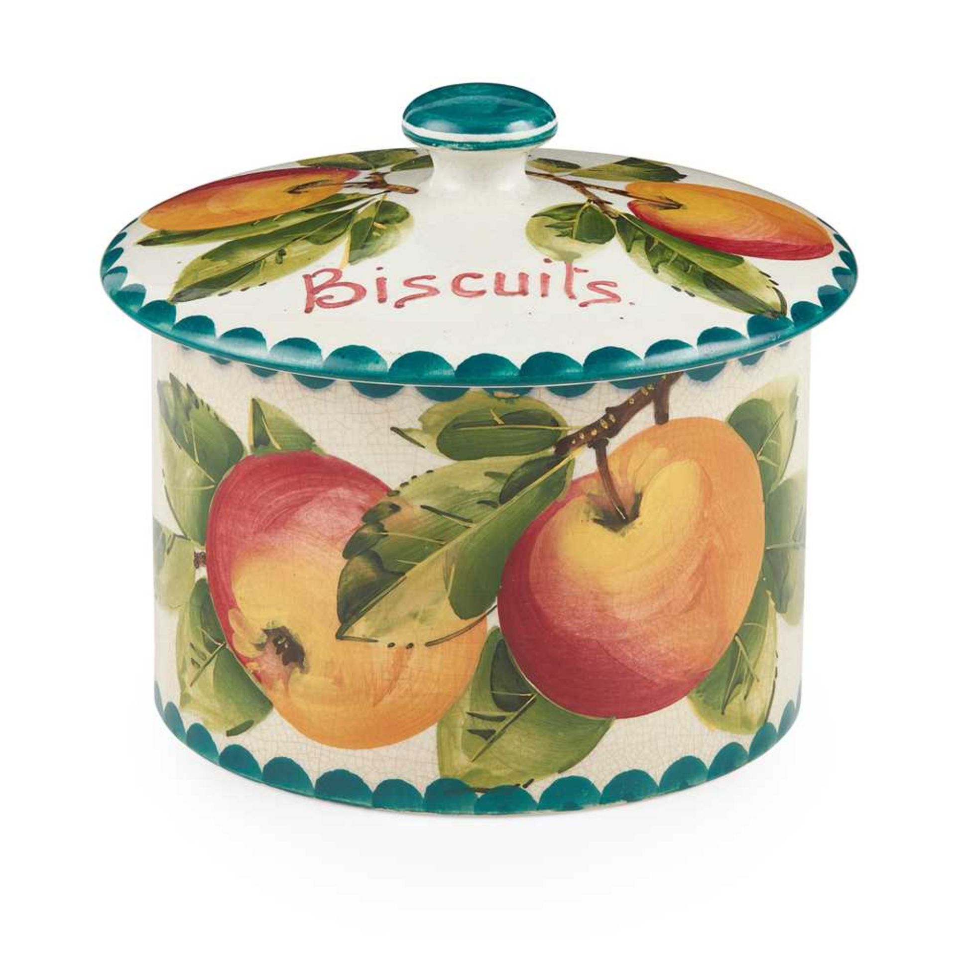 A WEMYSS WARE BISCUIT BARREL & COVER 'APPLES' PATTERN, EARLY 20TH CENTURY