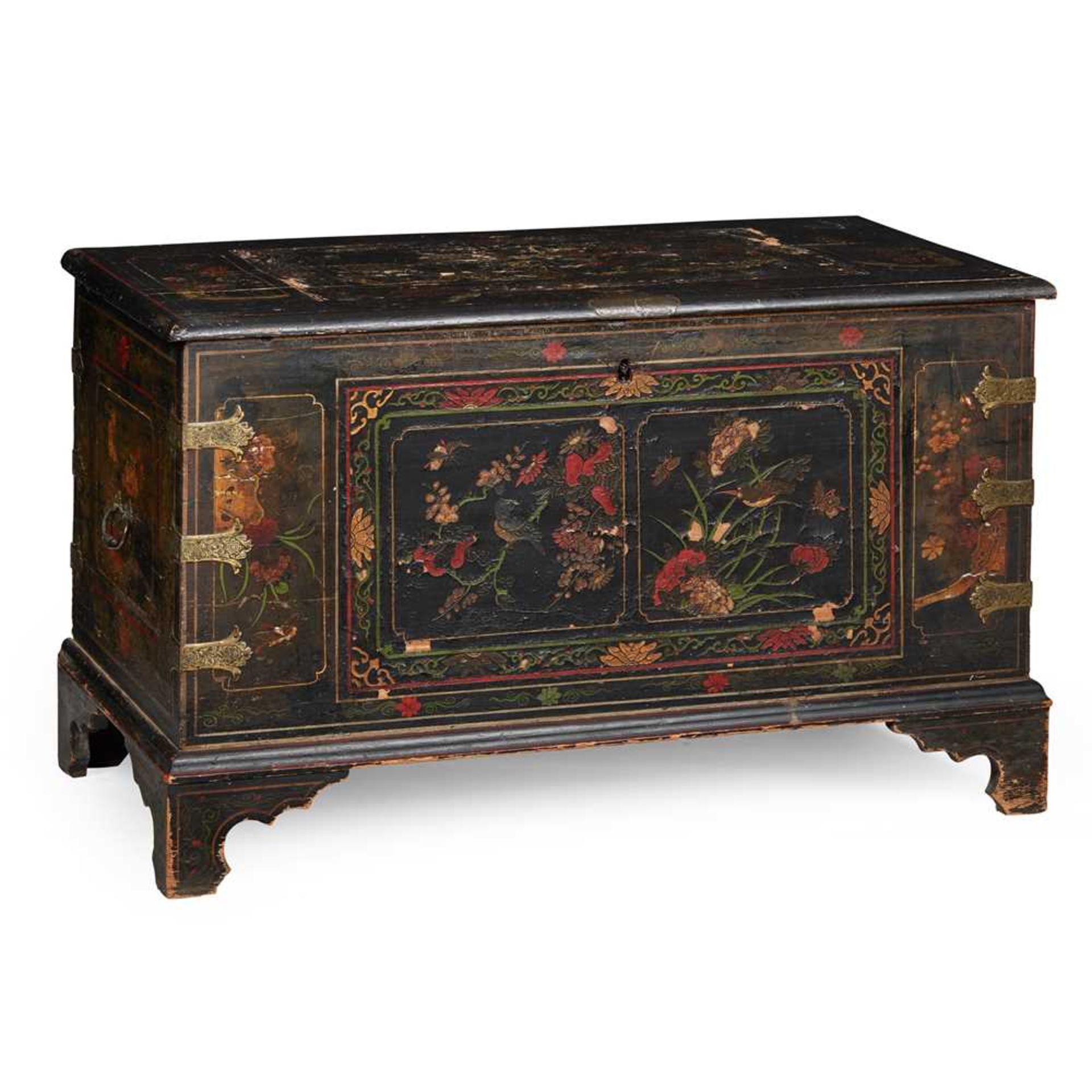 CHINESE COROMANDEL LACQUER AND POLYCHROME JAPANNED EBONISED CHEST EARLY 18TH CENTURY